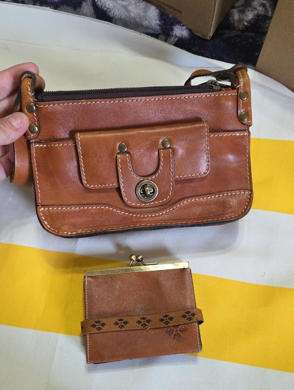 Patricia Nash Cognac Leather Crossbody with Turn-Lock Pocket Matching Coinpurse